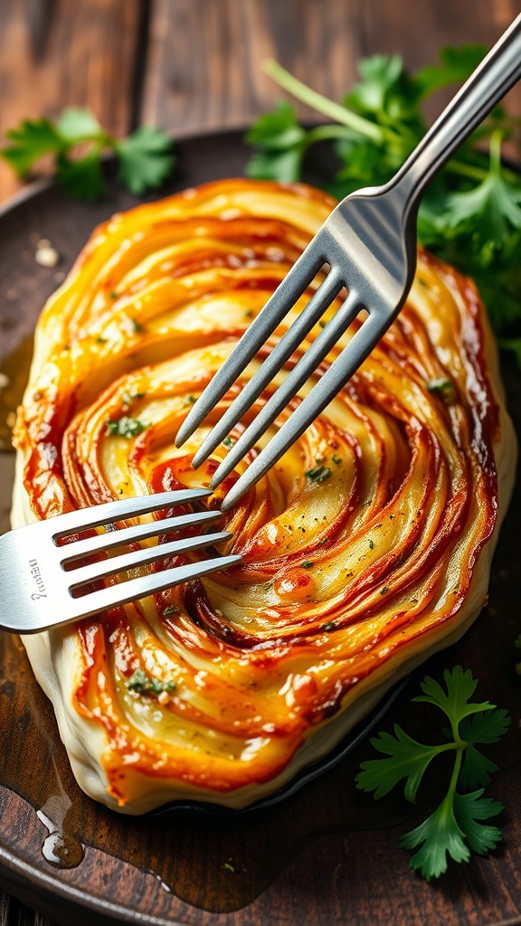 Savory Roasted Cabbage Steaks Recipe Roasted cabbage steak with crispy edges and herbs on a rustic table.